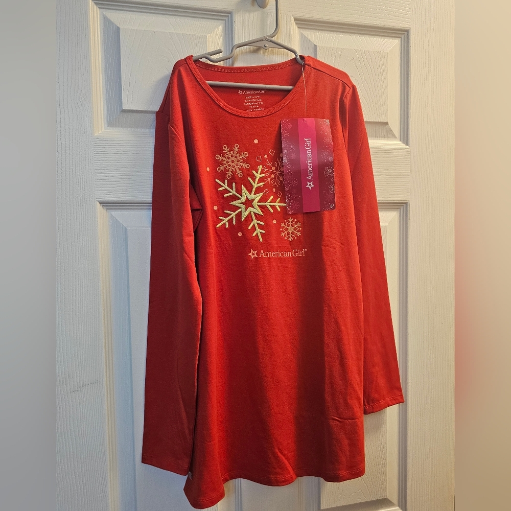 NWT - American Girl Festive Red Long Sleeve Tee Night Gown Size 14/16 Holidays